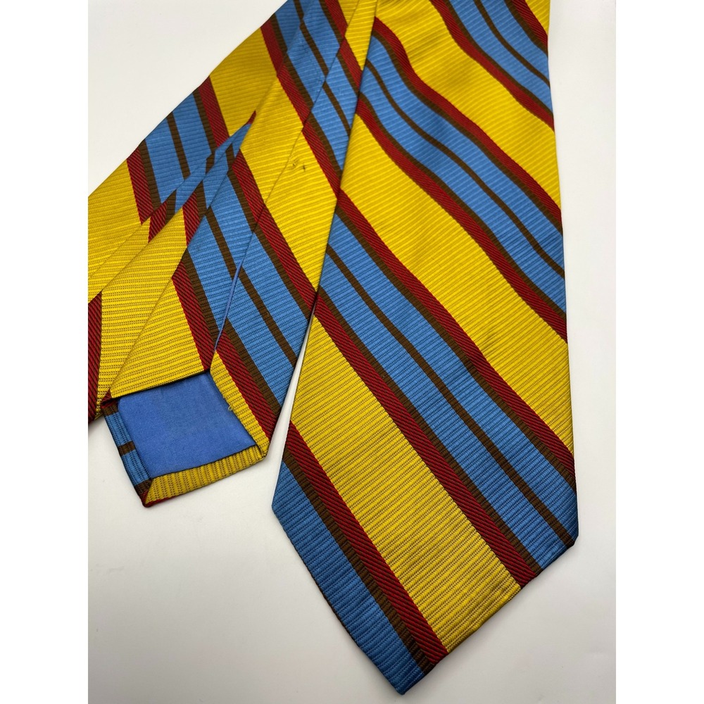 Lanvin Paris Silk Tie Yellow Blue Burgundy Brown Striped Repp Ribbed Necktie